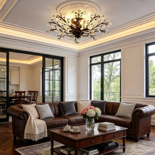 Crystal Branch Chandelier Metal Black Gold Transparent Crystal Leaf Drop Nordic Semi-Flush Ceiling Mount Three Sizes