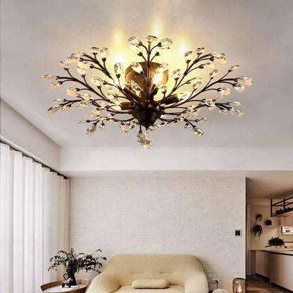 Crystal Branch Semi-Flush Ceiling Chandelier Metal Black Gold E14 3000K Nordic 3 Configurations