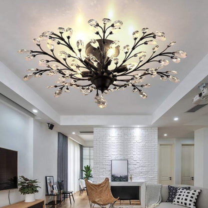 Crystal Branch Semi-Flush Ceiling Chandelier Metal Black Gold E14 3000K Nordic 3 Configurations