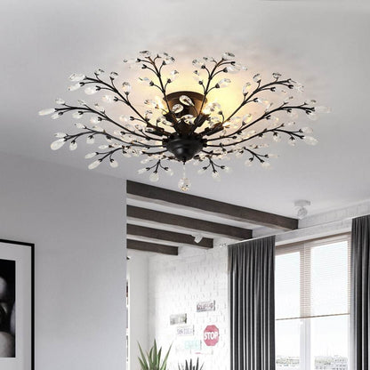 Crystal Branch Semi-Flush Ceiling Chandelier Metal Black Gold E14 3000K Nordic 3 Configurations