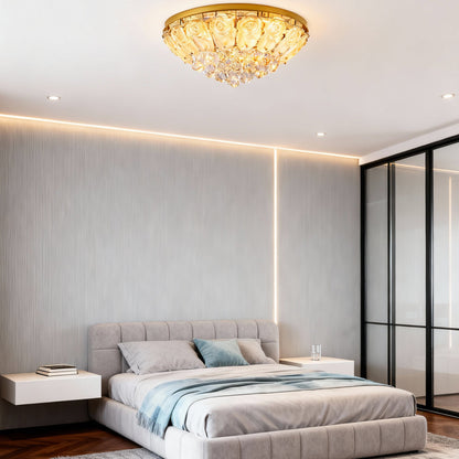 Multi-Tiered Cascading Crystal Drop Flush Mount in Gold Stainless Steel with 3-Step Colour Temperature in Four Sizes