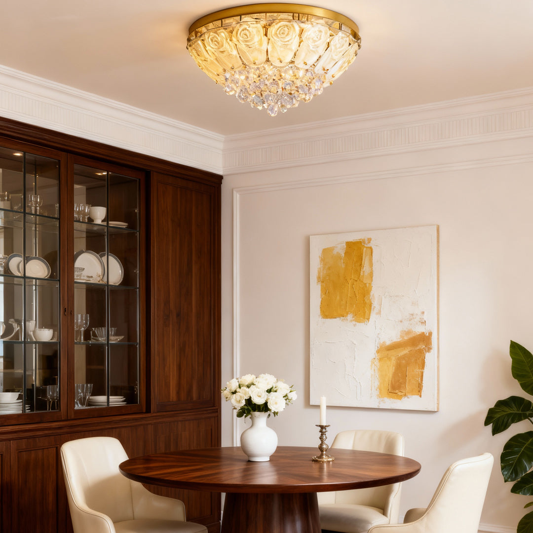 Multi-Tiered Cascading Crystal Drop Flush Mount in Gold Stainless Steel with 3-Step Colour Temperature in Four Sizes