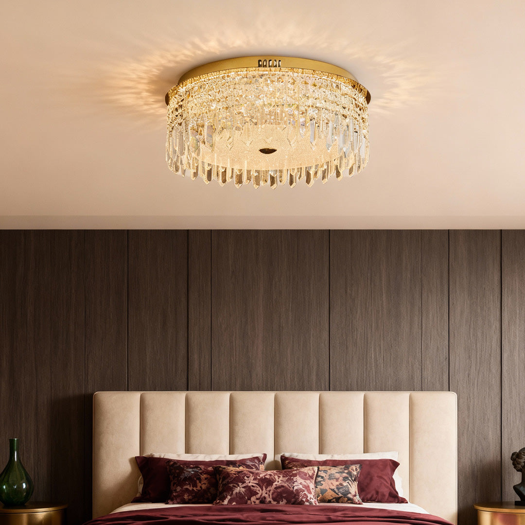 Waterfall Crystal Drop Flush Mount in Champagne Gold Carbon Steel with 3-Step Colour Temperature in Three Sizes