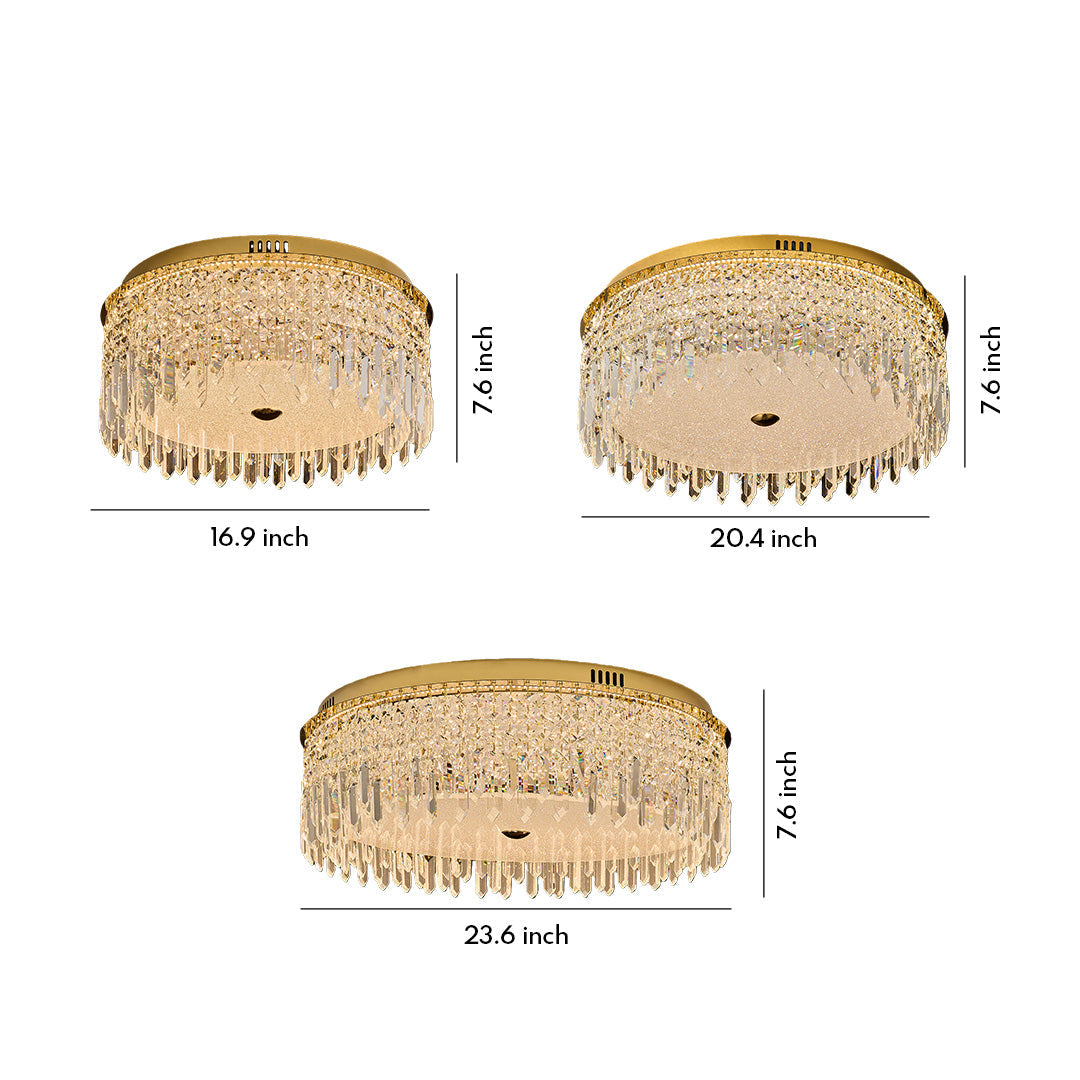 Waterfall Crystal Drop Flush Mount in Champagne Gold Carbon Steel with 3-Step Colour Temperature in Three Sizes