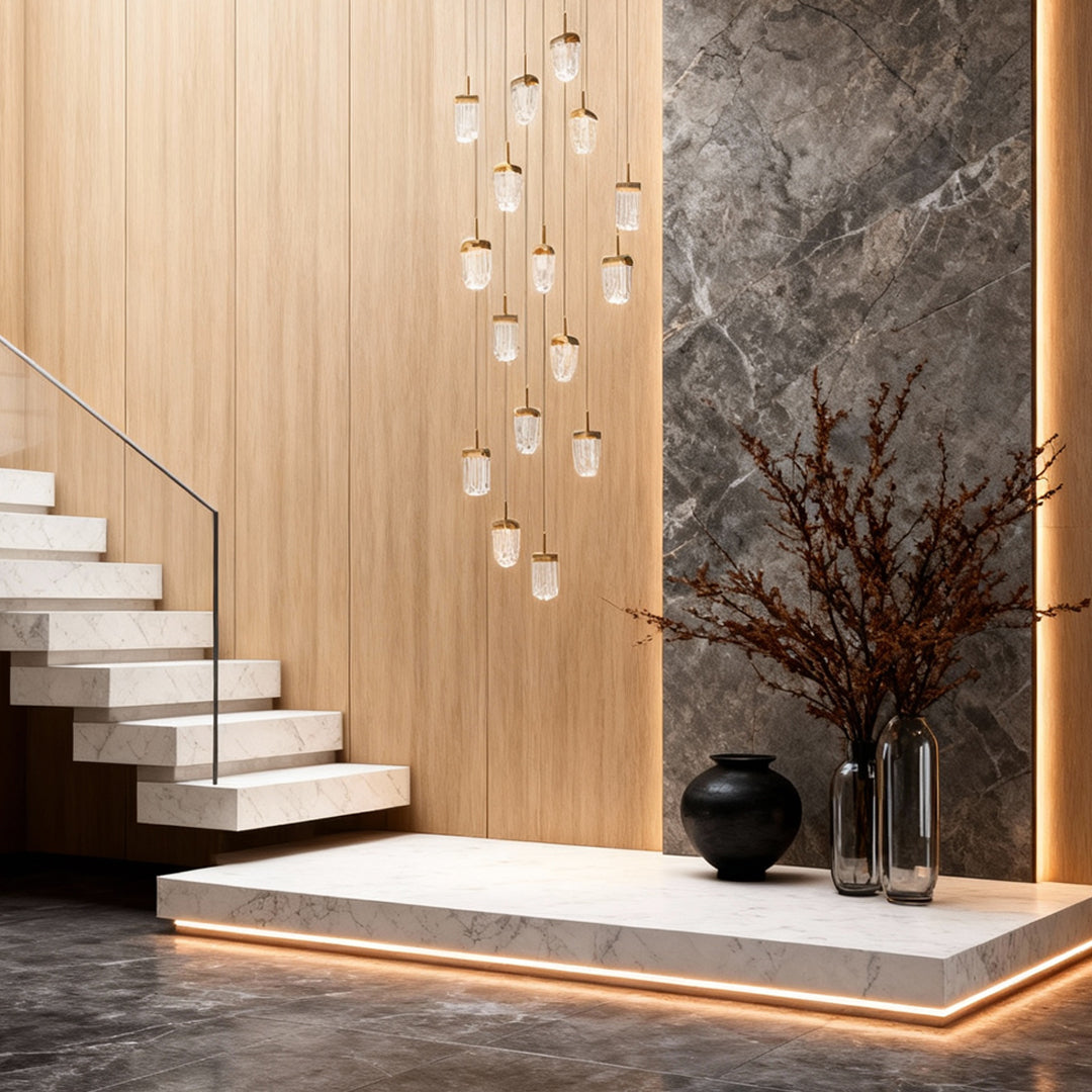 Staircase Chandelier Aluminum Acrylic Integrated LED 16-Head Gold Modern 3-Step Colour Temperature