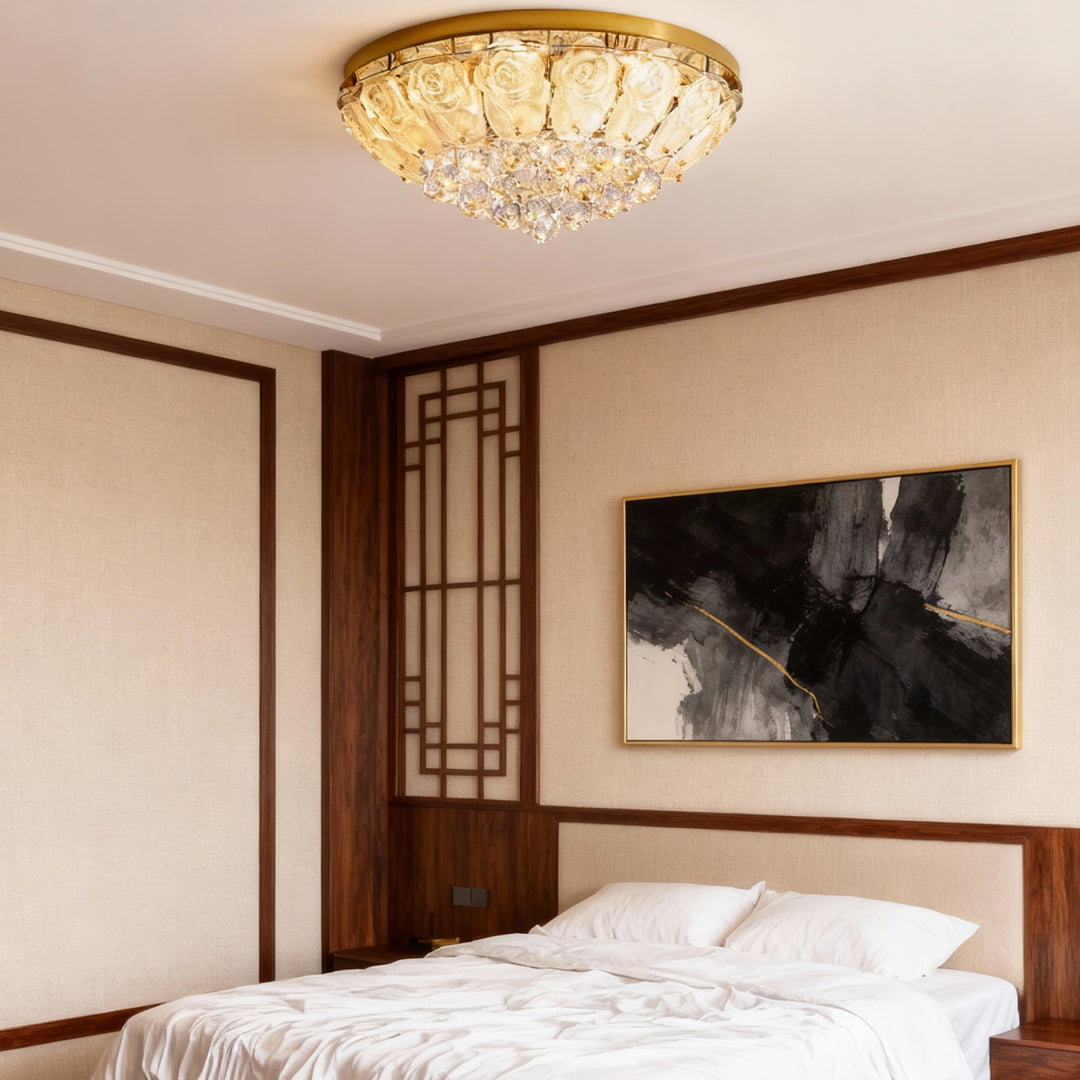 Multi-Tiered Cascading Crystal Drop Flush Mount in Gold Stainless Steel with 3-Step Colour Temperature in Four Sizes