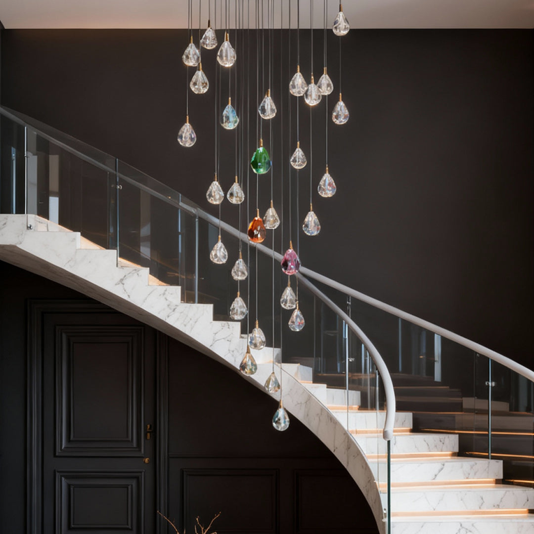 Staircase Chandelier Gold Crystal 30-Head 3D Matrix LED 3000K 4500K 6000K