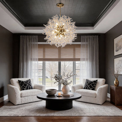 Crystal Dandelion Chandelier Electroplated Metal G9 16-Light Crystal Beads Chrome Gold 24'' Indoor