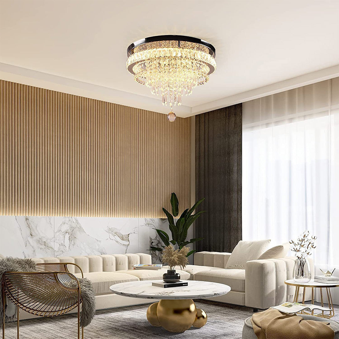 Crystal Flush Mount Light Stainless Steel Gold Tiered Round Modern Luxury LED Four Lighting Modes
