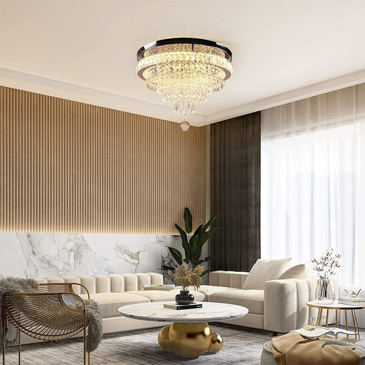 Crystal Flush Mount Light Stainless Steel Gold Tiered Round Modern Luxury LED Four Lighting Modes