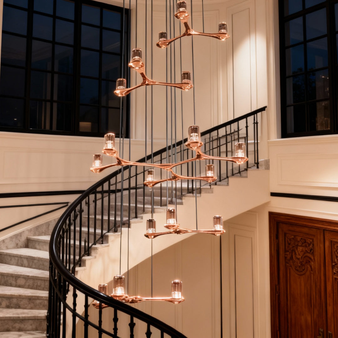 Staircase Chandelier Copper Crystal 18-Head 3D Geometric Matrix Integrated LED Terracotta Gold Nordic 3-Step Colour Temperature