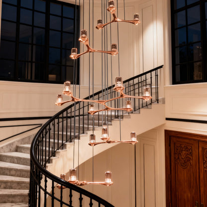 Staircase Chandelier Copper Crystal 18-Head 3D Geometric Matrix Integrated LED Terracotta Gold Nordic 3-Step Colour Temperature