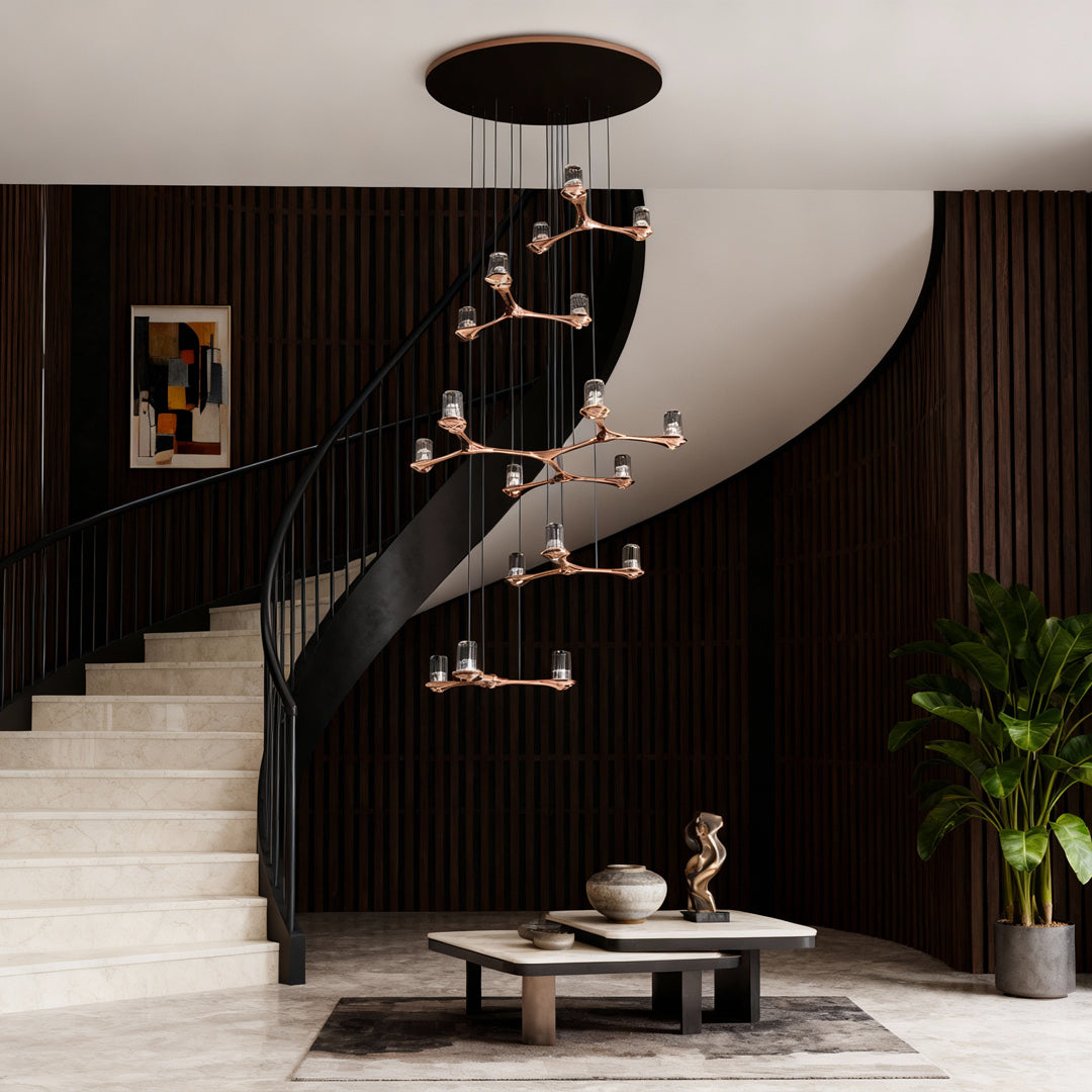 Staircase Chandelier Copper Crystal 18-Head 3D Geometric Matrix Integrated LED Terracotta Gold Nordic 3-Step Colour Temperature