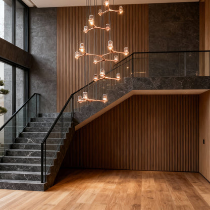 Staircase Chandelier Copper Crystal 18-Head 3D Geometric Matrix Integrated LED Terracotta Gold Nordic 3-Step Colour Temperature