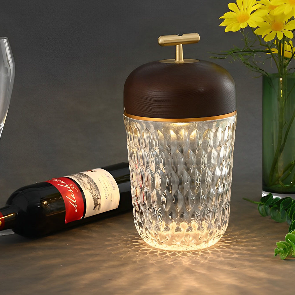 Rechargeable Crystal Glass Cup Table Lamp 12H Battery Diamond-Cut Wood Cap Warm Glow