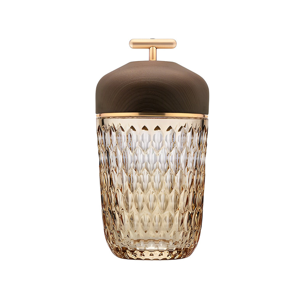 Rechargeable Crystal Glass Cup Table Lamp 12H Battery Diamond-Cut Wood Cap Warm Glow
