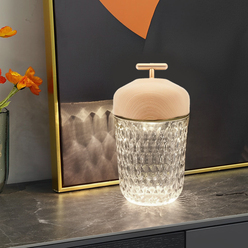 Rechargeable Crystal Glass Cup Table Lamp 12H Battery Diamond-Cut Wood Cap Warm Glow