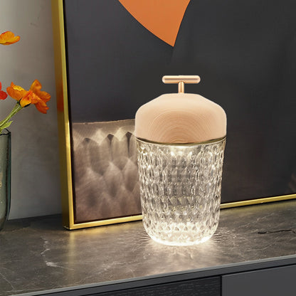 Rechargeable Crystal Glass Cup Table Lamp 12H Battery Diamond-Cut Wood Cap Warm Glow