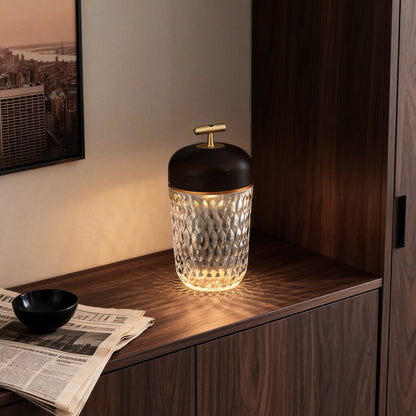 Rechargeable Crystal Glass Cup Table Lamp 12H Battery Diamond-Cut Wood Cap Warm Glow