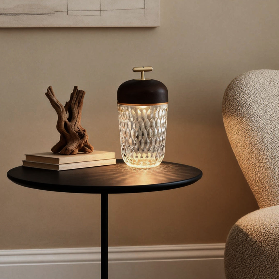 Rechargeable Crystal Glass Cup Table Lamp 12H Battery Diamond-Cut Wood Cap Warm Glow