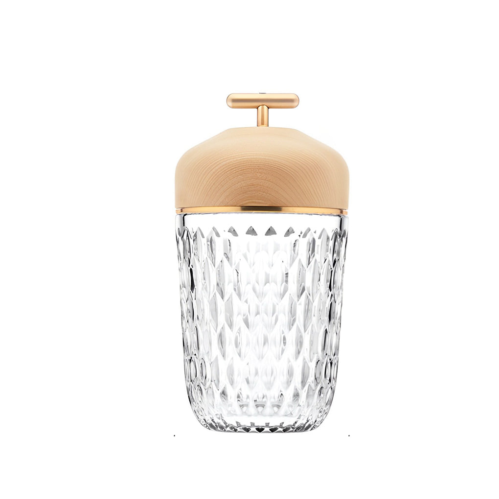 Rechargeable Crystal Glass Cup Table Lamp 12H Battery Diamond-Cut Wood Cap Warm Glow