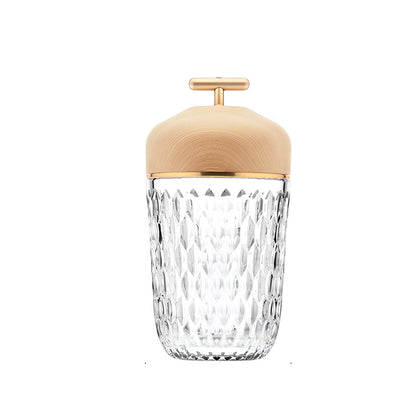Rechargeable Crystal Glass Cup Table Lamp 12H Battery Diamond-Cut Wood Cap Warm Glow