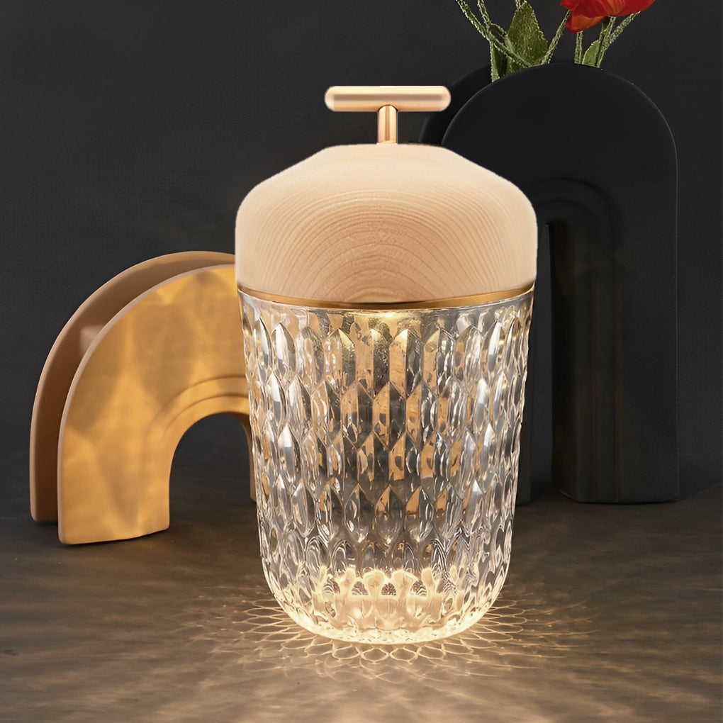 Rechargeable Crystal Glass Cup Table Lamp 12H Battery Diamond-Cut Wood Cap Warm Glow