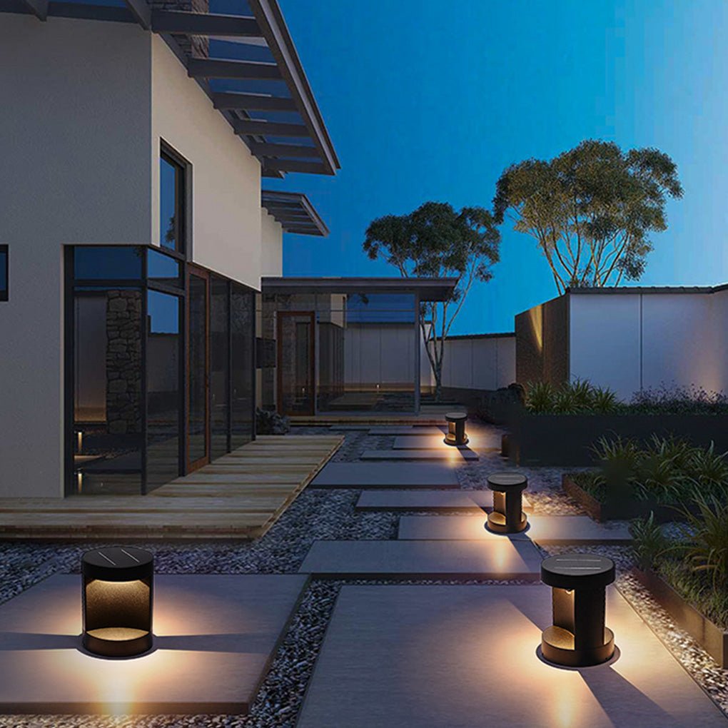 Cylindrical LED Bollard Landscape Light Solar Hardwired Black Outdoor Path Light