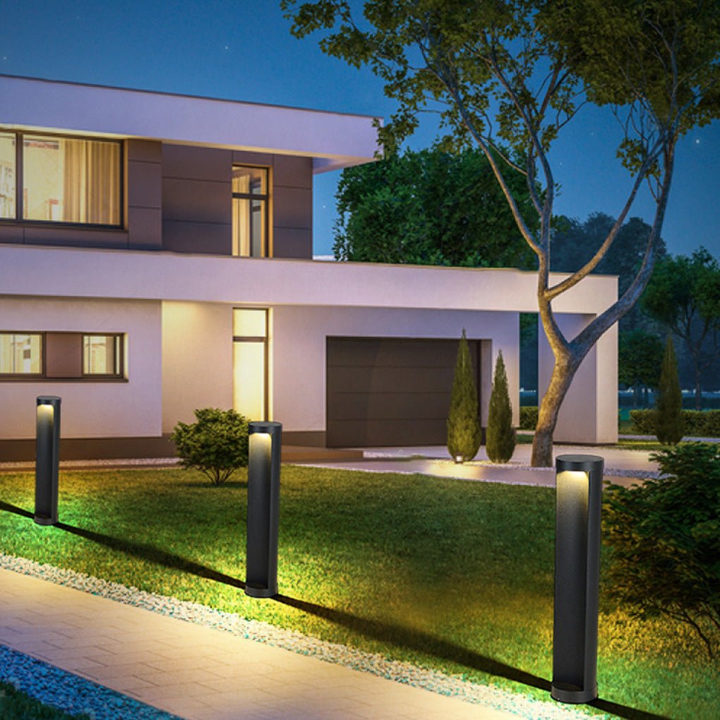 Cylindrical LED Bollard Landscape Light Solar Hardwired Black Outdoor Path Light