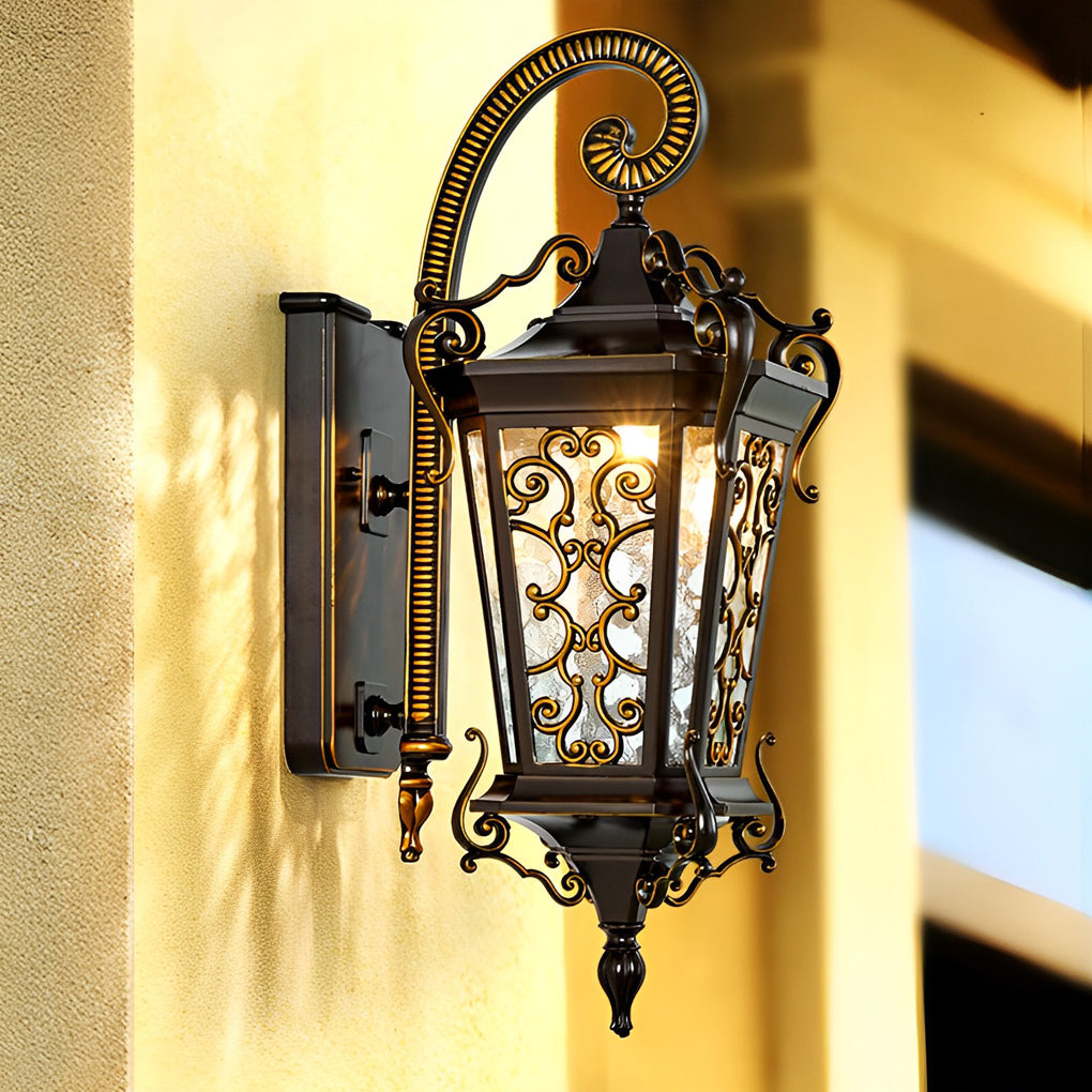 Antique European Lantern Outdoor Wall Sconce Ornate Aluminum Glass Polished Black IP55 490LM 3000K Garden Gate