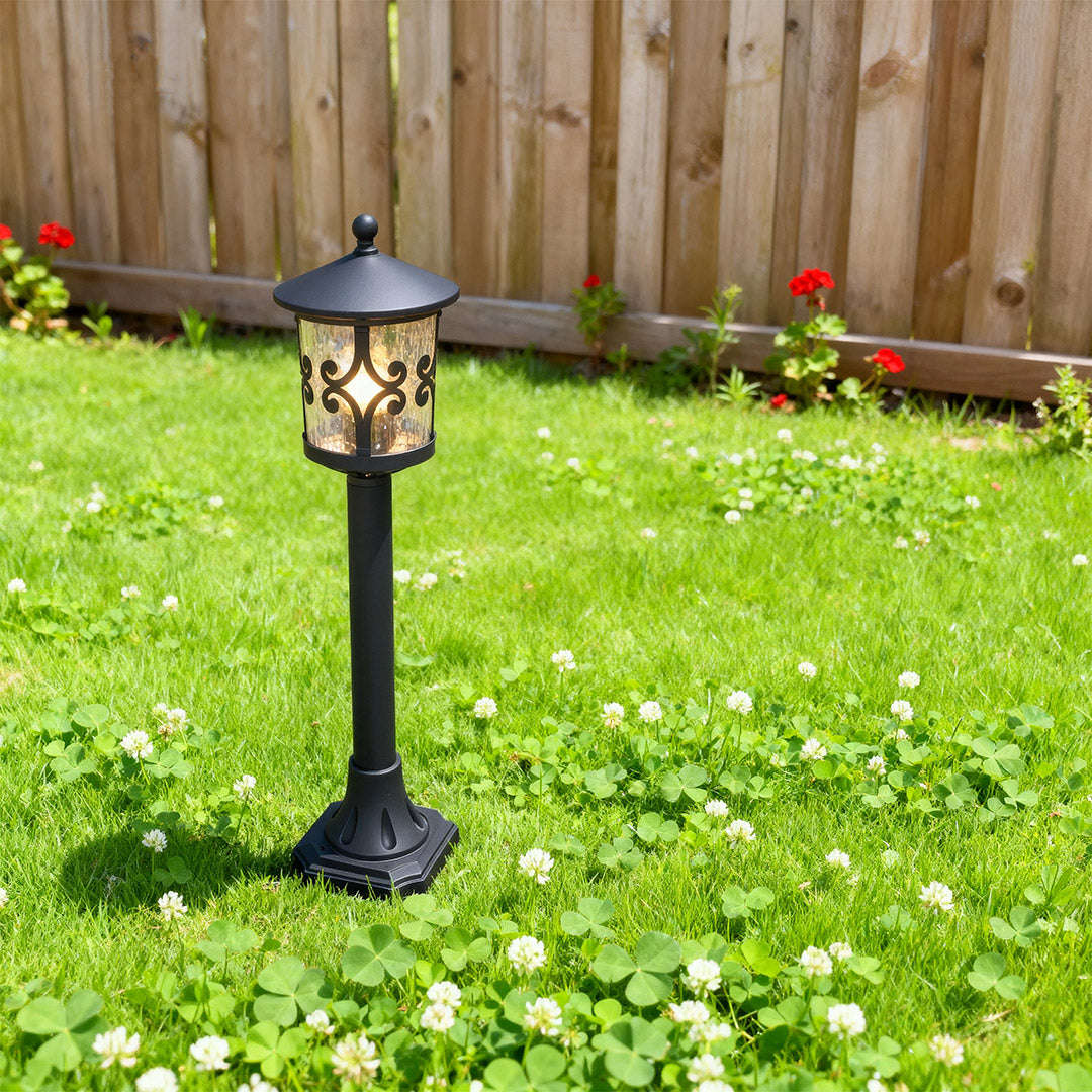 European Style Bollard LED Garden Lamp Black Aluminum Glass E26 9W 3000K IP44 Hardwired Outdoor Pathway Courtyard