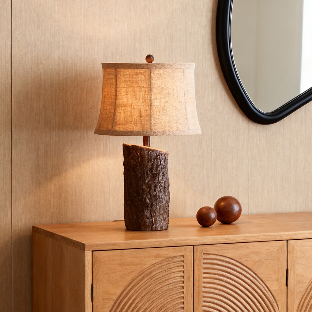 Rustic Faux Wood Table Lamp Dark Brown Bark Texture Beige Fabric Shade E26 Vintage Lodge Bedside 26.38 Inch