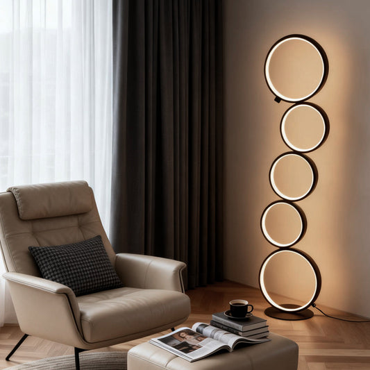 Modern Floor Lamp LED 5 Stacked Ring Circles Touch Dimmable Aluminum Silica Gel Black White Living Room Bedside 43 Inch