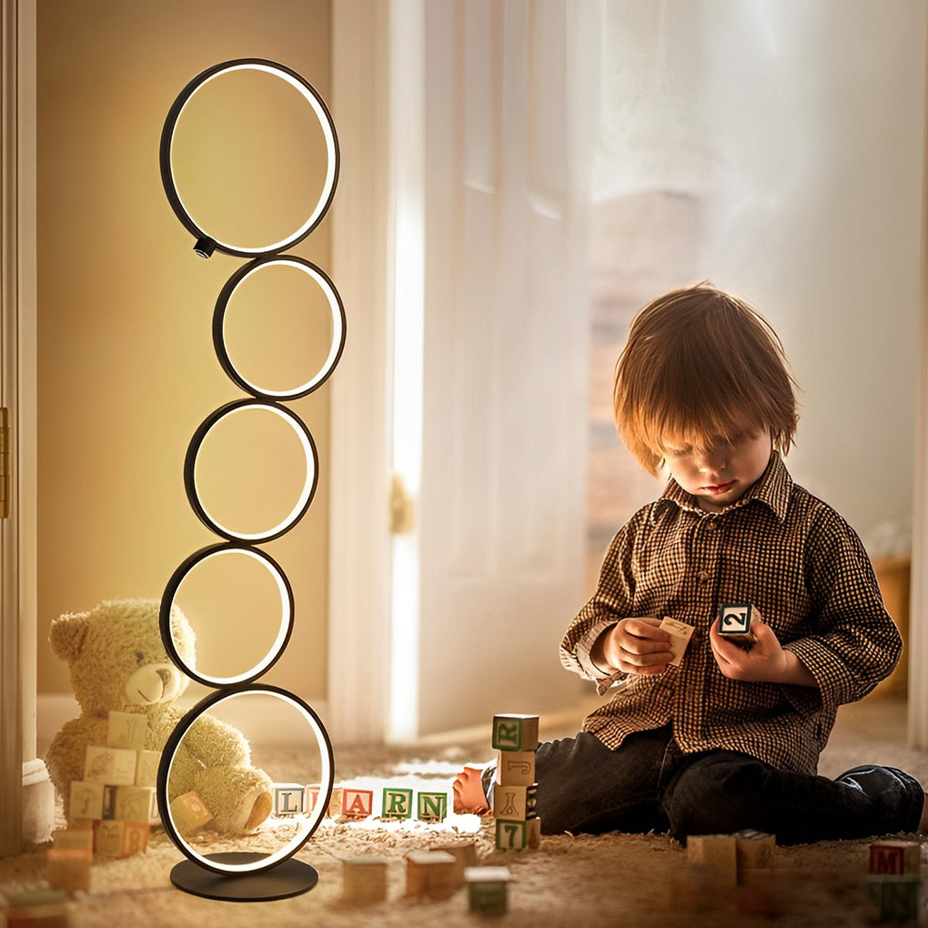 Modern Floor Lamp LED 5 Stacked Ring Circles Touch Dimmable Aluminum Silica Gel Black White Living Room Bedside 43 Inch