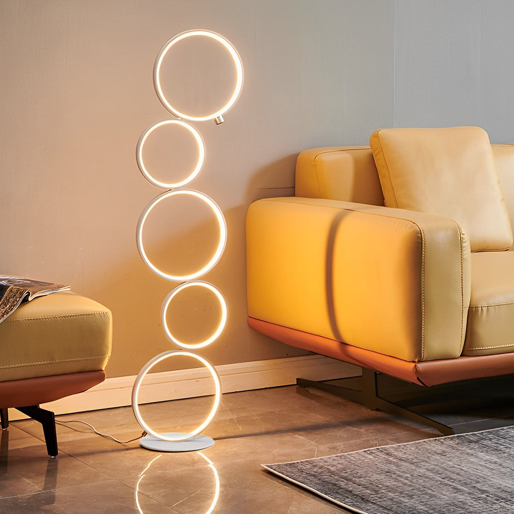 Modern Floor Lamp LED 5 Stacked Ring Circles Touch Dimmable Aluminum Silica Gel Black White Living Room Bedside 43 Inch
