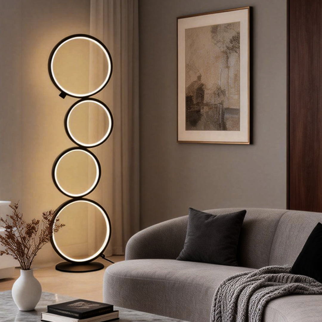 Modern Floor Lamp LED 5 Stacked Ring Circles Touch Dimmable Aluminum Silica Gel Black White Living Room Bedside 43 Inch