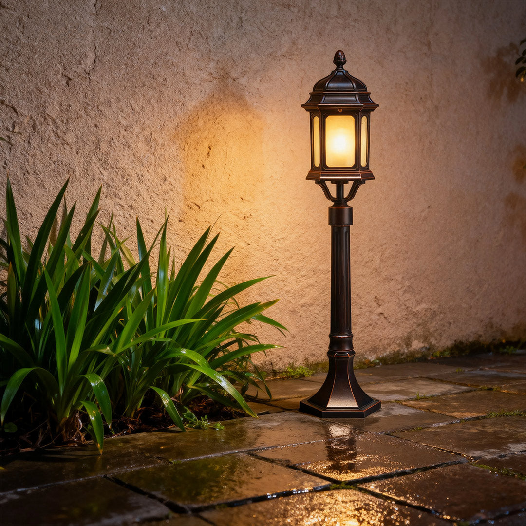 Classic Retro Path Post Light Aluminum Coffee Finish Glass E26 9W 3000K IP44 Hardwired Outdoor Pathway Courtyard Walkway