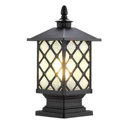 Retro Die-Cast Aluminum Frosted Glass Outdoor Pillar Light Black or Bronze 3 Grid Styles IP55 Hardwired E27