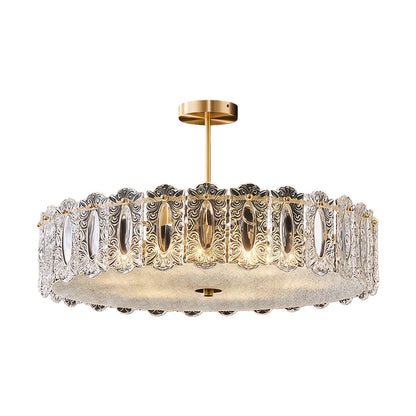 Semi-Flush Mount Copper Glass Patterned Drum Shade French Style E14 Three Sizes