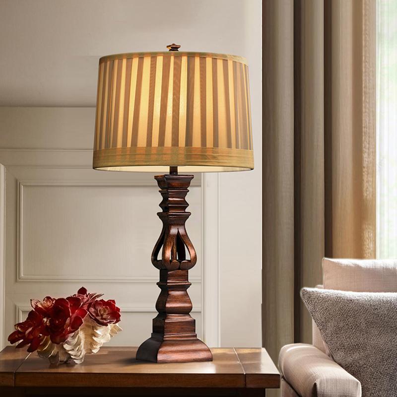 Antique Rustic Tower Resin Table Lamp Striped Linen Drum Shade E26 E27 Two Sizes