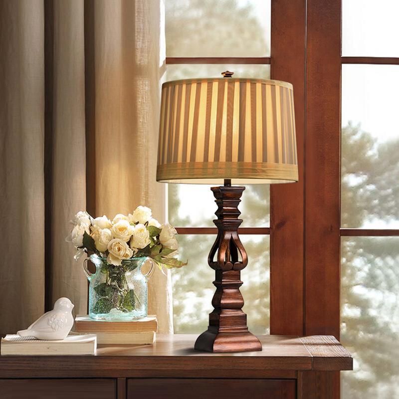 Antique Rustic Tower Resin Table Lamp Striped Linen Drum Shade E26 E27 Two Sizes