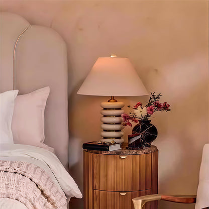 Retro Industrial Iron Table Lamp Stacked Ring Base Beige Fabric Shade E27 American Style Green White Wood 17.72 Inch