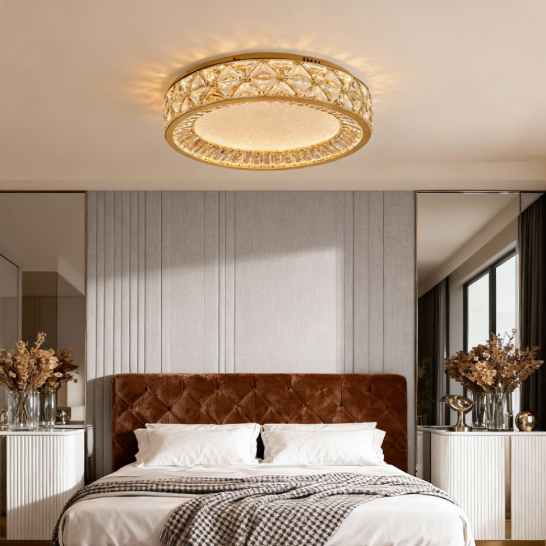 Round Crystal Border Flush Mount in Champagne Gold Carbon Steel with 3-Step Colour Temperature in Three Sizes