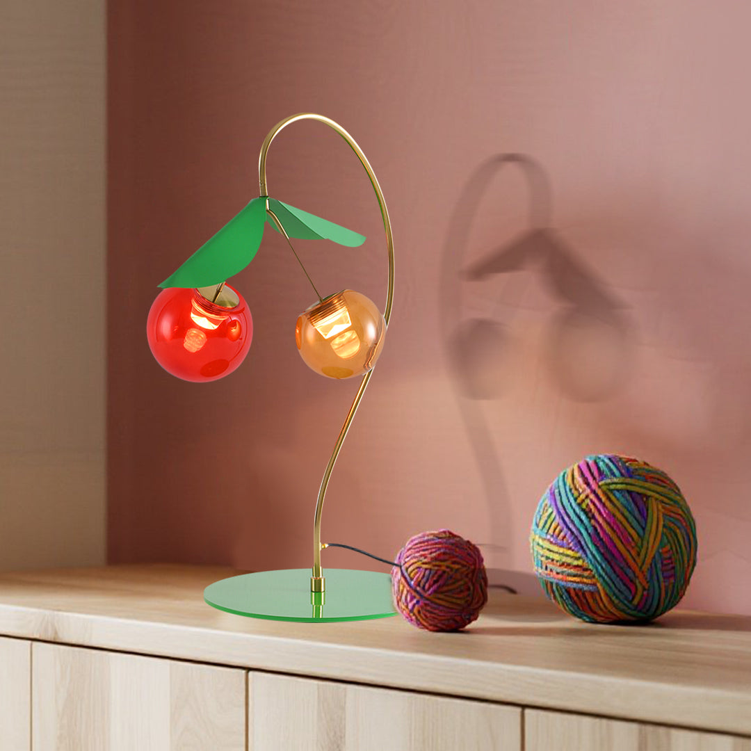 Nordic Cherry Glass Dual Head Table Lamp Gold Metal Green Leaf Tri-Color LED 12W 20.08 Inch
