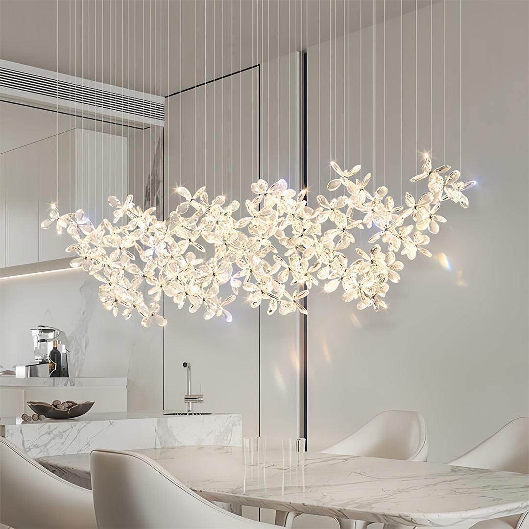 Crystal Chandelier Stainless Steel Chrome Diamond-Cut Crystal Flower Linear Island Italian Modern Luxury LED Tri-Color