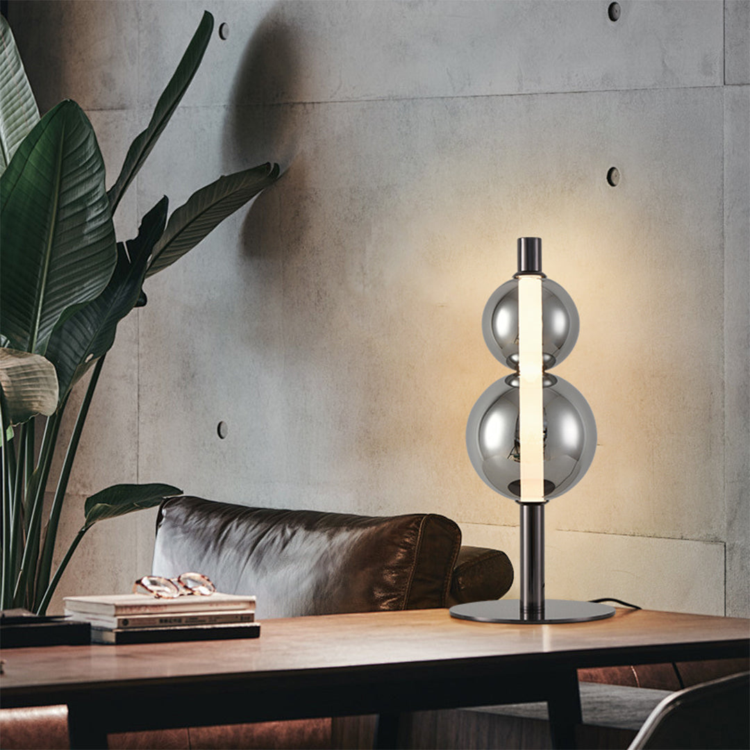 Sculptural Double Globe Table Lamp Pearl Black Iron Smoked Glass Full Spectrum Tri-Color LED Eye Care 8W 21.65 Inch