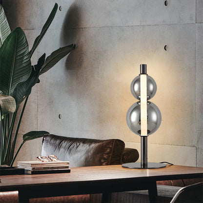 Sculptural Double Globe Table Lamp Pearl Black Iron Smoked Glass Full Spectrum Tri-Color LED Eye Care 8W 21.65 Inch