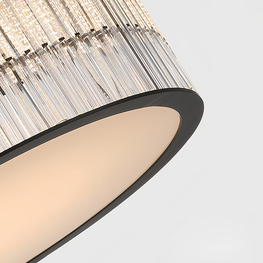 Round Drum Crystal Prism Rod Flush Mount in Black Metal and Transparent Glass with Warm White Integrated LED
