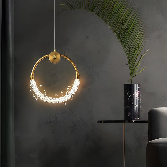 Crystal Ring LED Pendant Light with Electroplated Iron Frame