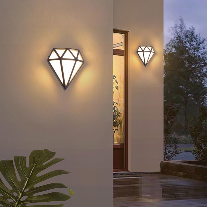 Modern LED Outdoor Wall Sconce Diamond Shape Aluminum Acrylic IP54 18W 3200K Black 13 Inch